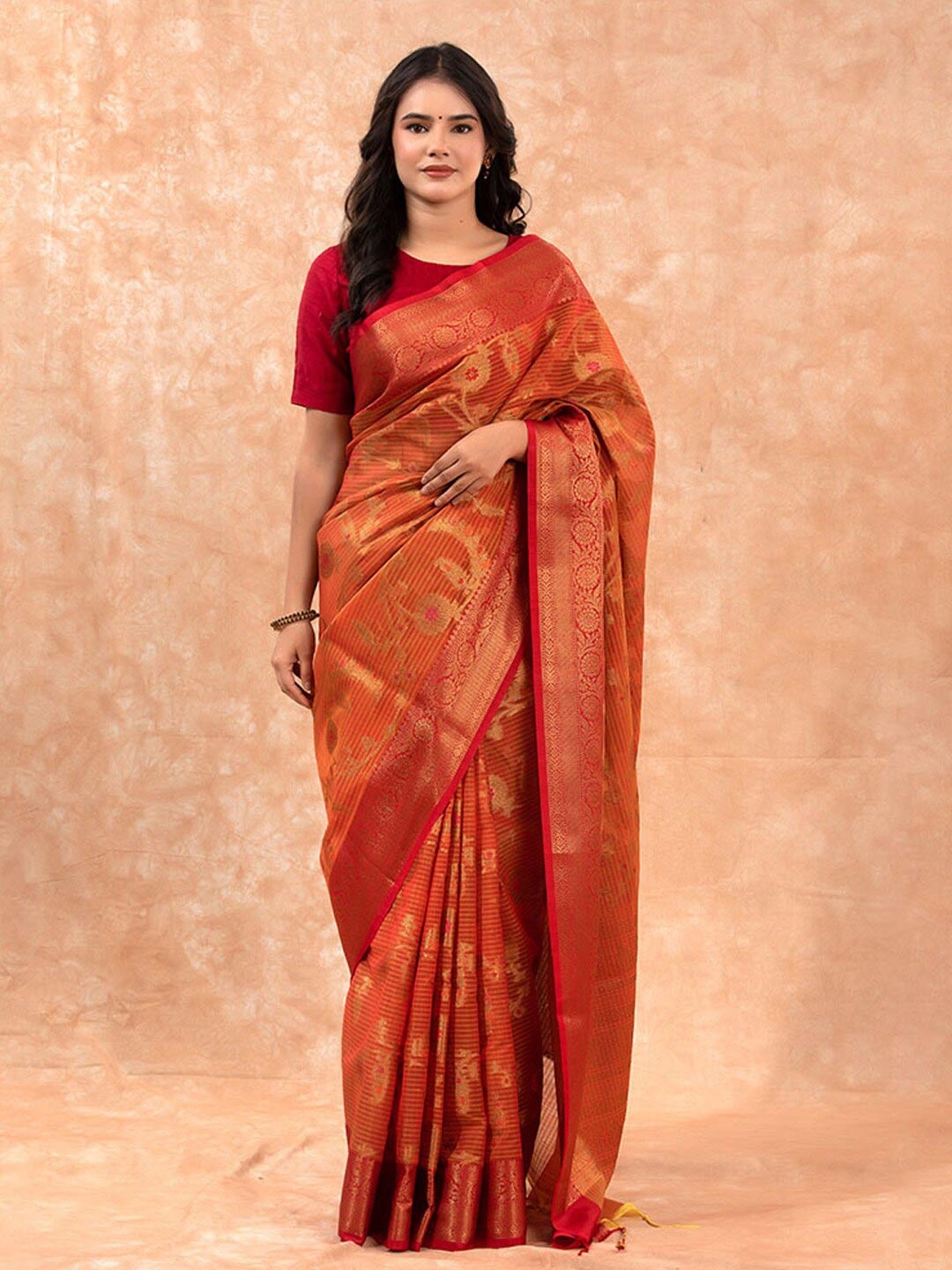 

CHINAYA BANARAS Ethnic Motifs Woven Design Zari Pure Cotton Banarasi Saree, Orange