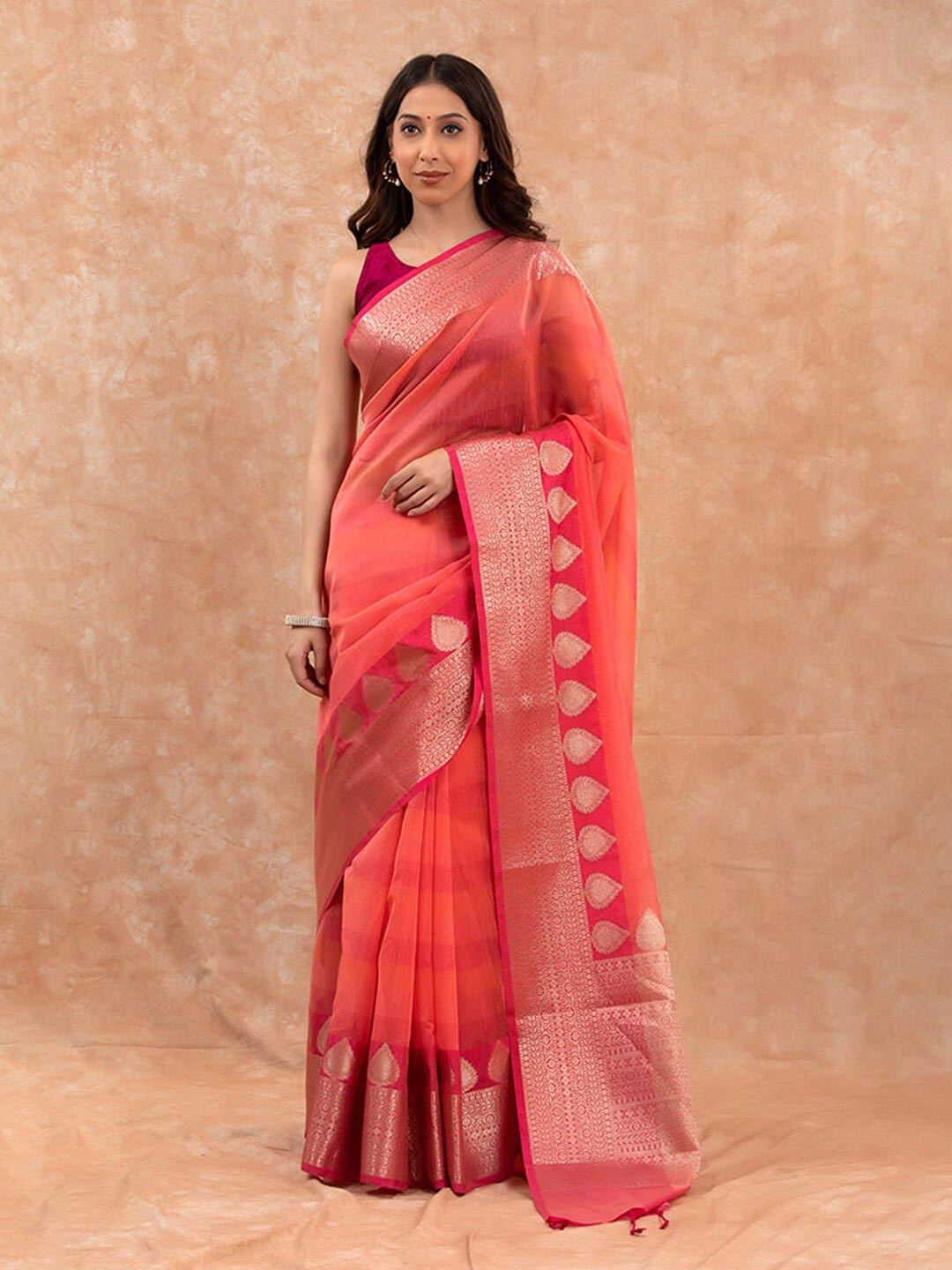 

CHINAYA BANARAS Zari Pure Cotton Banarasi Saree, Peach