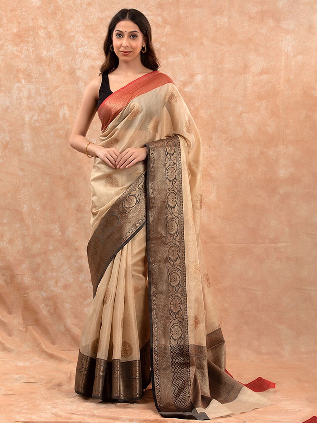 

CHINAYA BANARAS Ethnic Motifs Woven Design Zari Pure Cotton Banarasi Saree, Beige