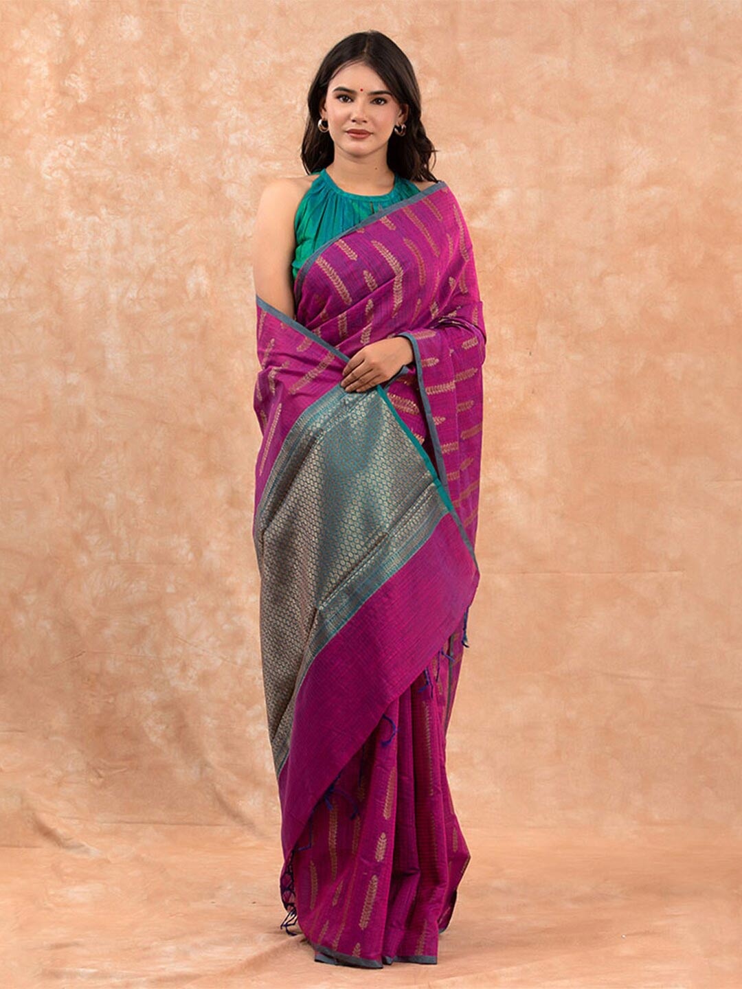 

CHINAYA BANARAS Striped Zari Pure Cotton Banarasi Saree, Pink