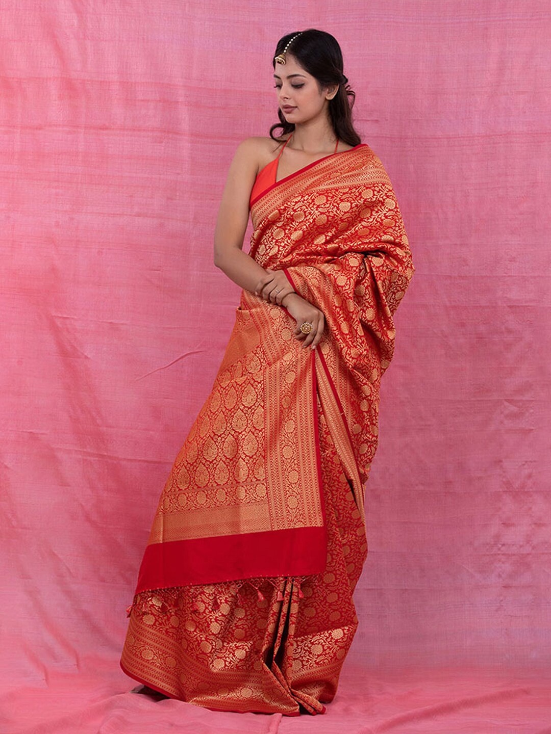 

CHINAYA BANARAS Floral Woven Design Zari Saree, Red