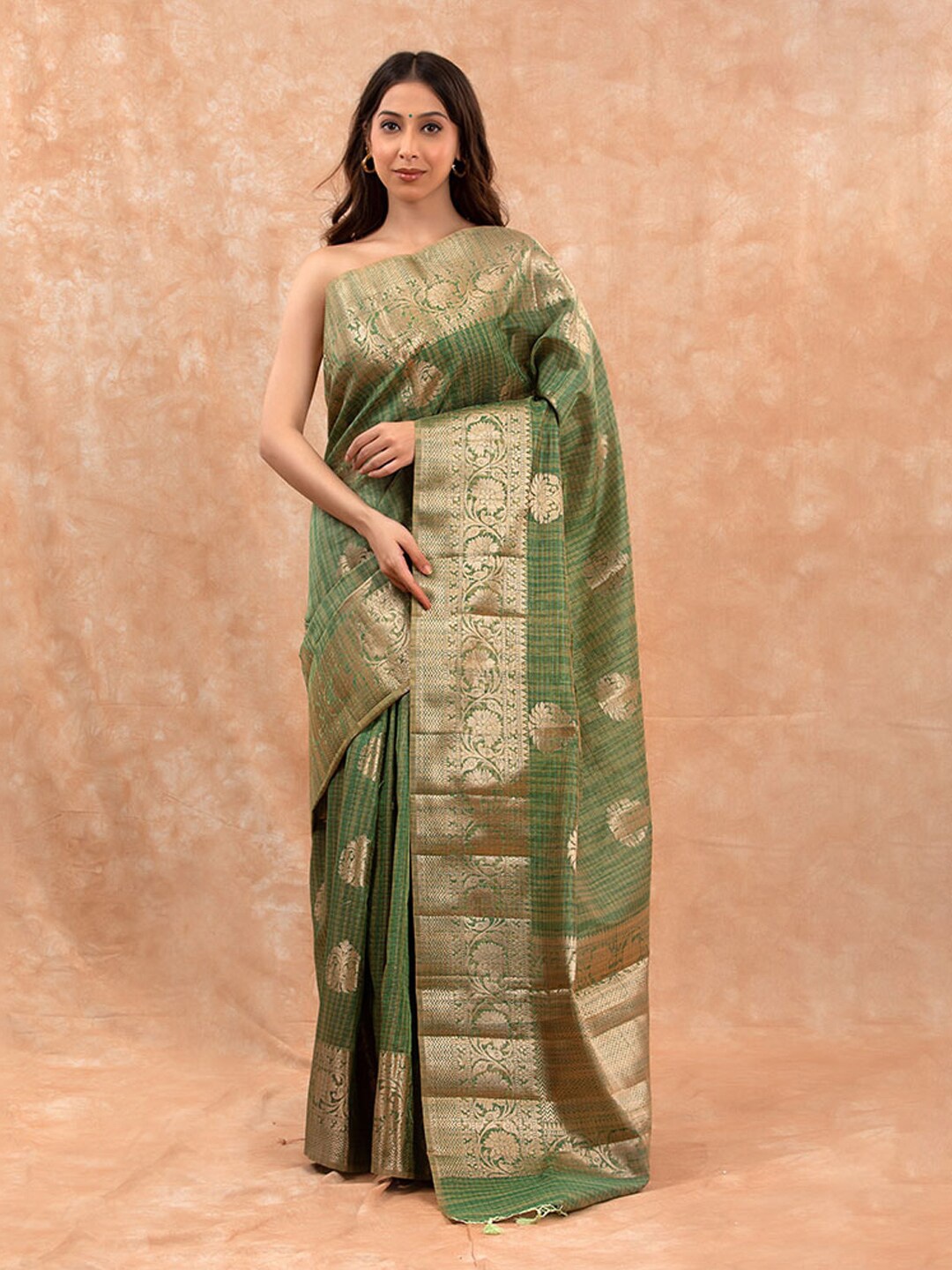 

CHINAYA BANARAS Ethnic Motifs Woven Design Zari Pure Cotton Banarasi Saree, Green