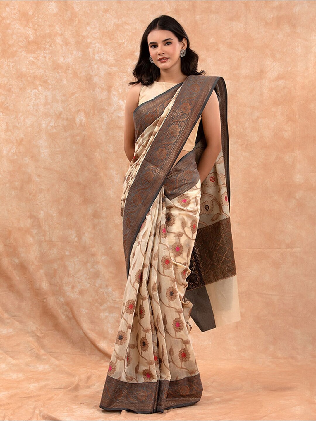 

CHINAYA BANARAS Ethnic Motifs Woven Design Zari Pure Cotton Banarasi Saree, Cream