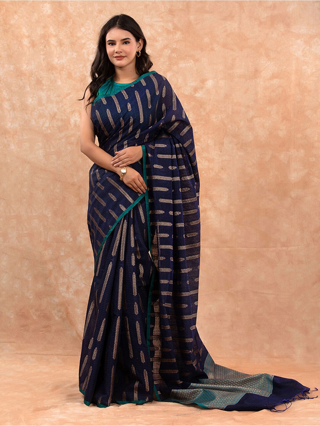 

CHINAYA BANARAS Striped Zari Pure Cotton Banarasi Saree, Blue