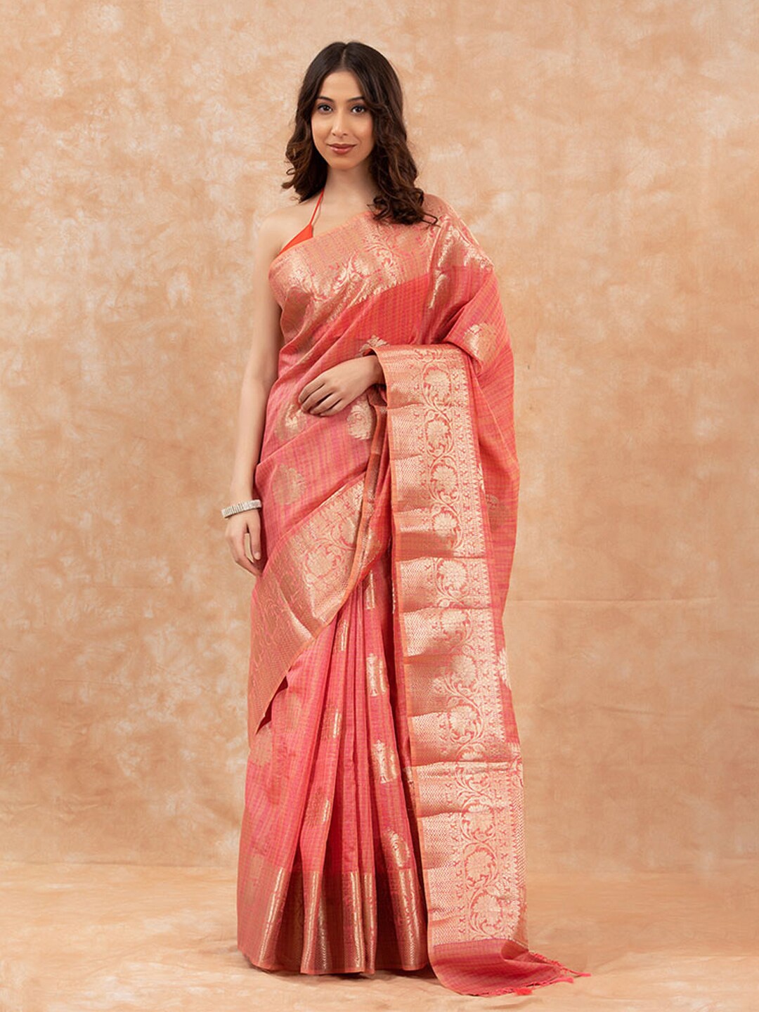 

CHINAYA BANARAS Ethnic Motifs Woven Design Zari Pure Cotton Banarasi Saree, Pink