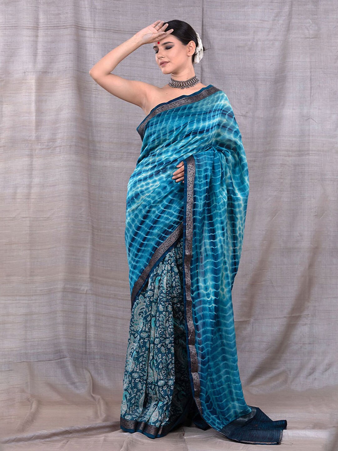 

CHINAYA BANARAS Tie & Dyed Zari Saree, Blue