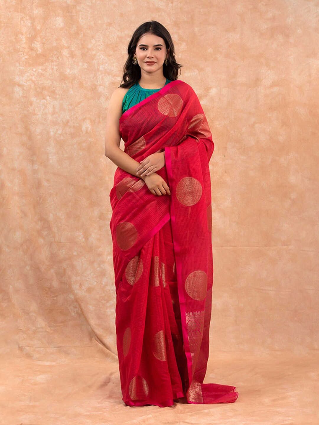 

CHINAYA BANARAS Ethnic Motifs Woven Design Zari Pure Cotton Banarasi Saree, Pink