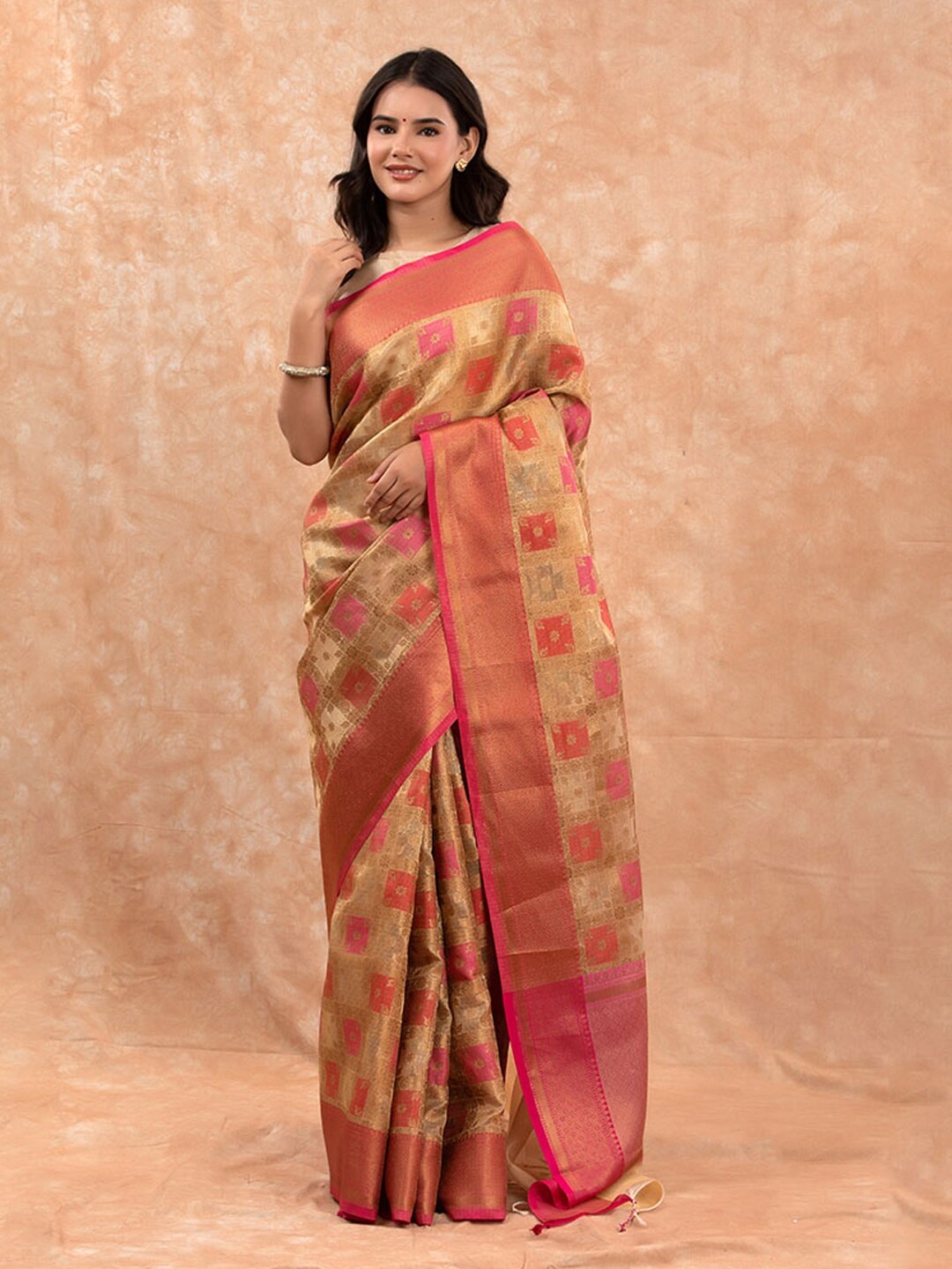 

CHINAYA BANARAS Ethnic Motifs Woven Design Zari Pure Cotton Banarasi Saree, Beige