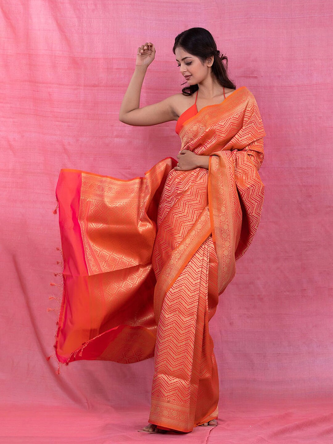 

CHINAYA BANARAS Striped Woven Design Zari Saree, Orange
