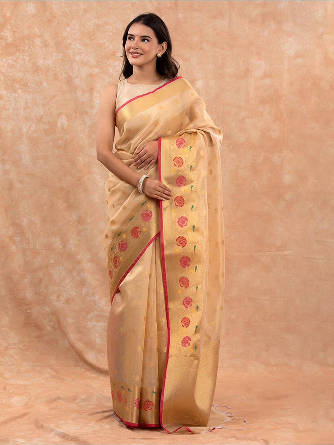 

CHINAYA BANARAS Ethnic Motifs Woven Design Zari Pure Cotton Banarasi Saree, Beige
