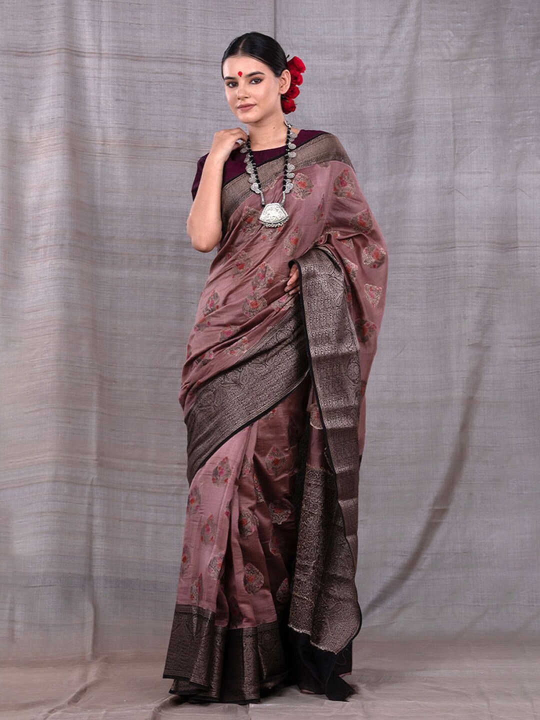 

CHINAYA BANARAS Ethnic Motifs Woven Design Zari Saree, Brown