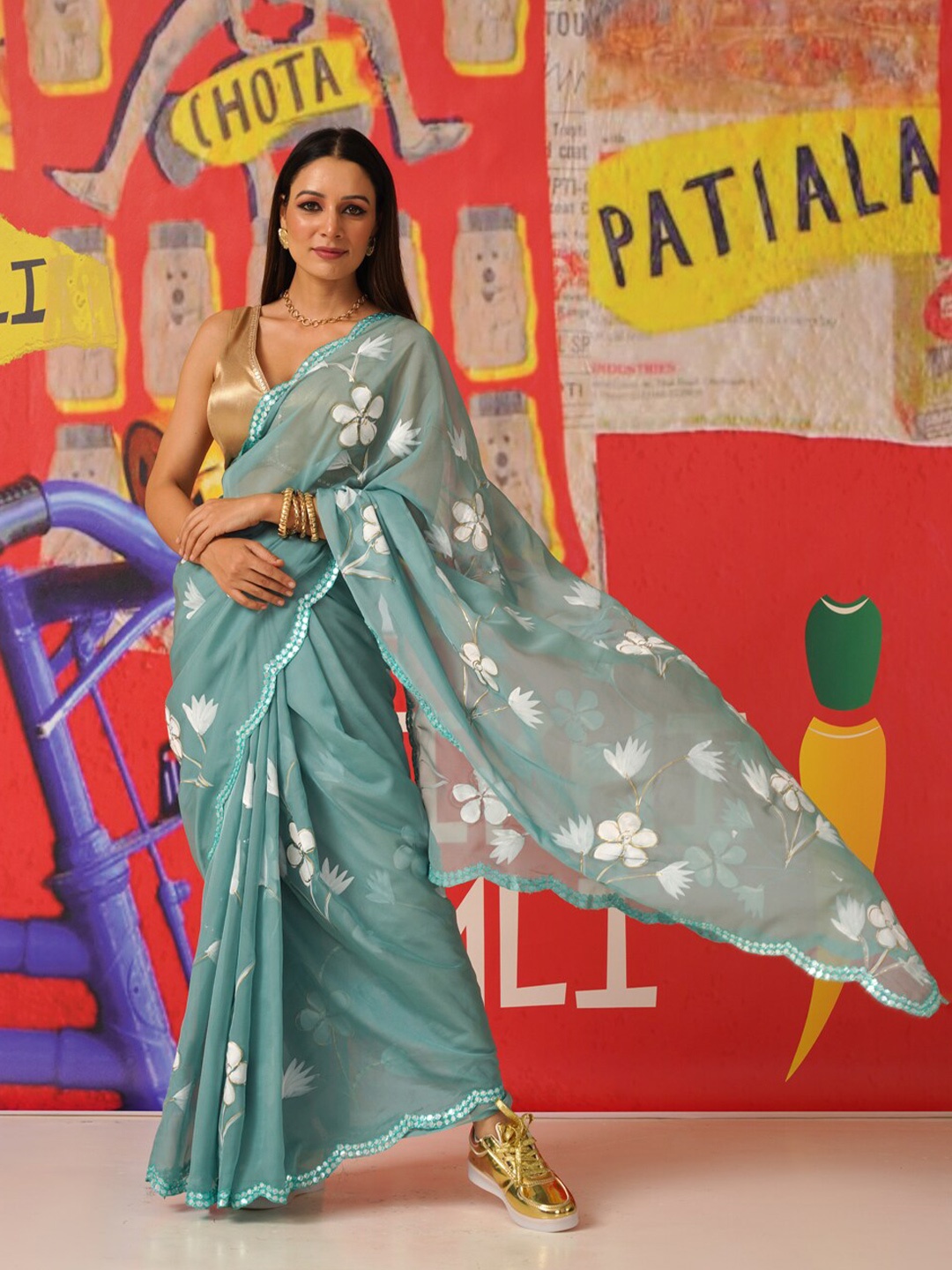 

Tikhi Imli Floral Organza Designer Saree, Blue