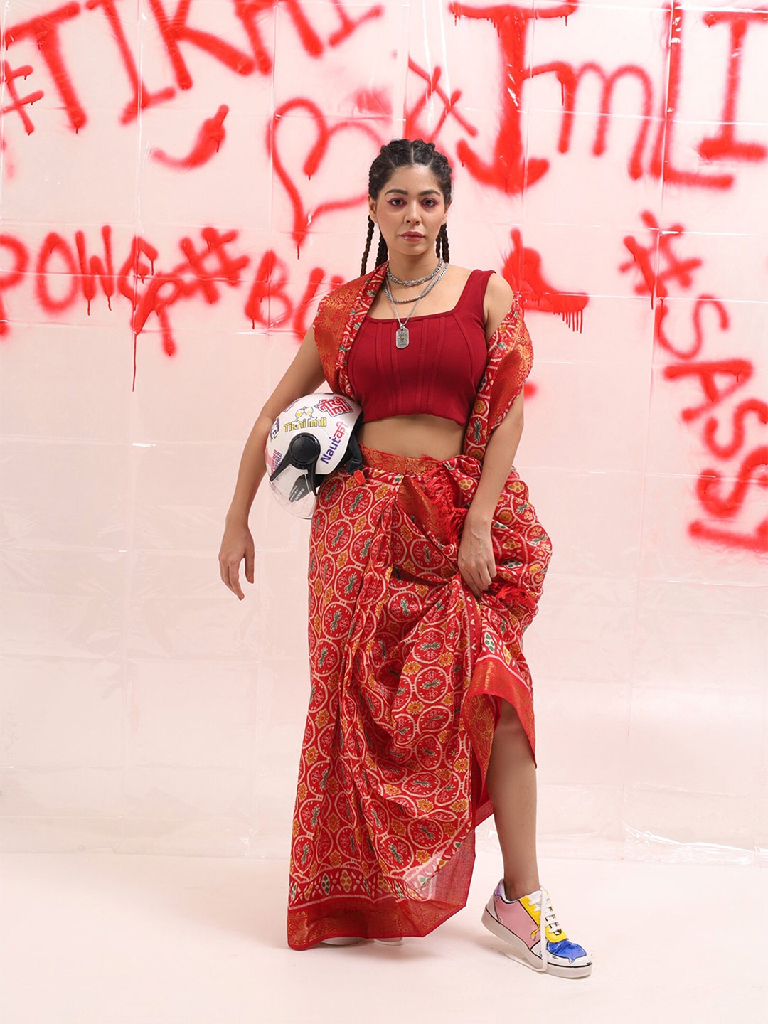 

Tikhi Imli Ajrak Block Ready to Wear Saree, Red