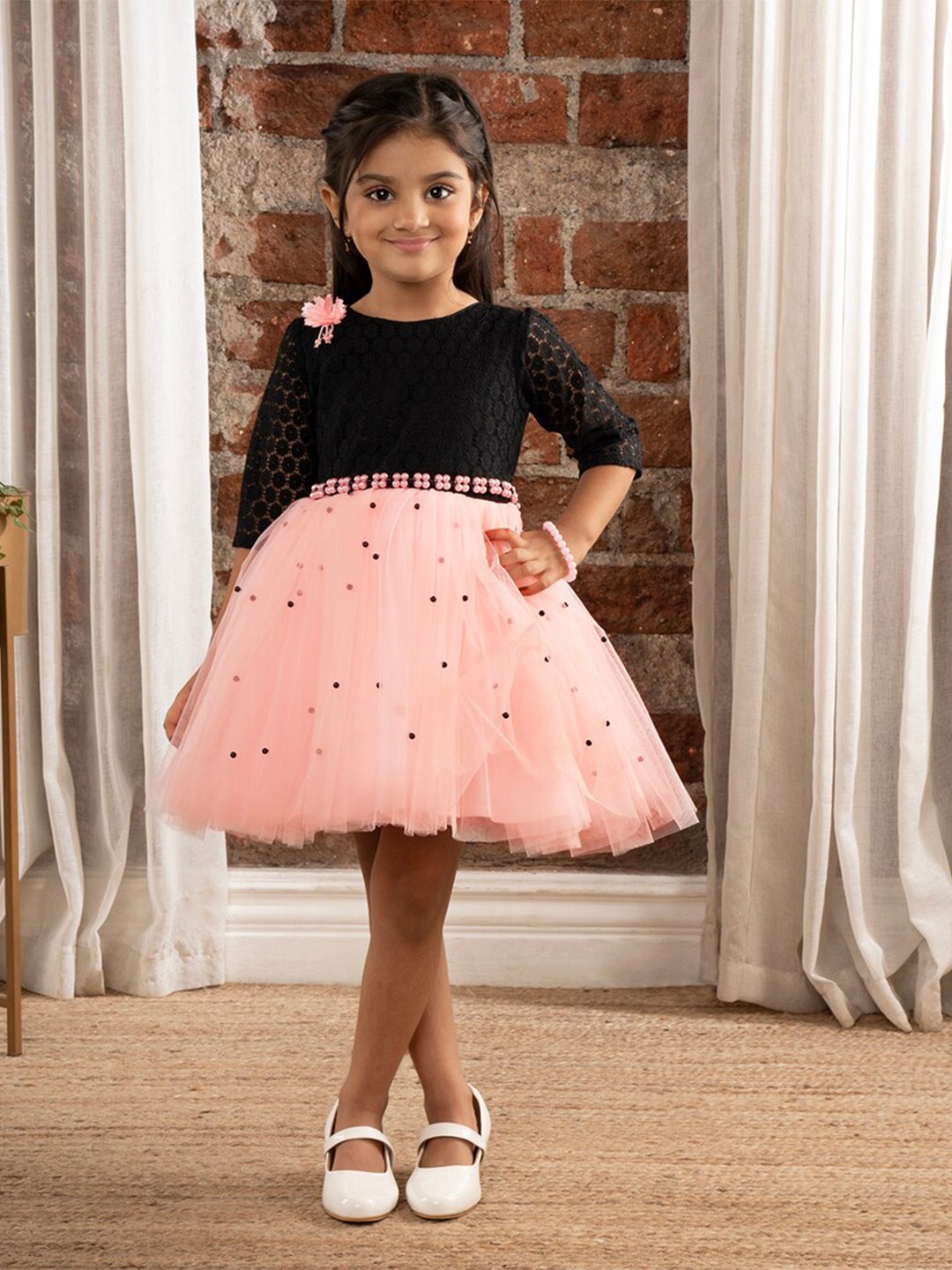 

Ministitch Girls Net Fit and Flare Dress, Black