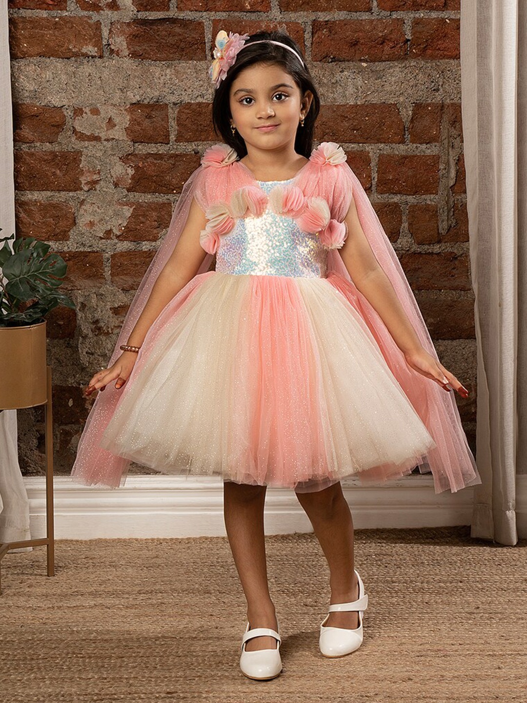

Ministitch Girls Floral Net Fit & Flare Dress, Cream