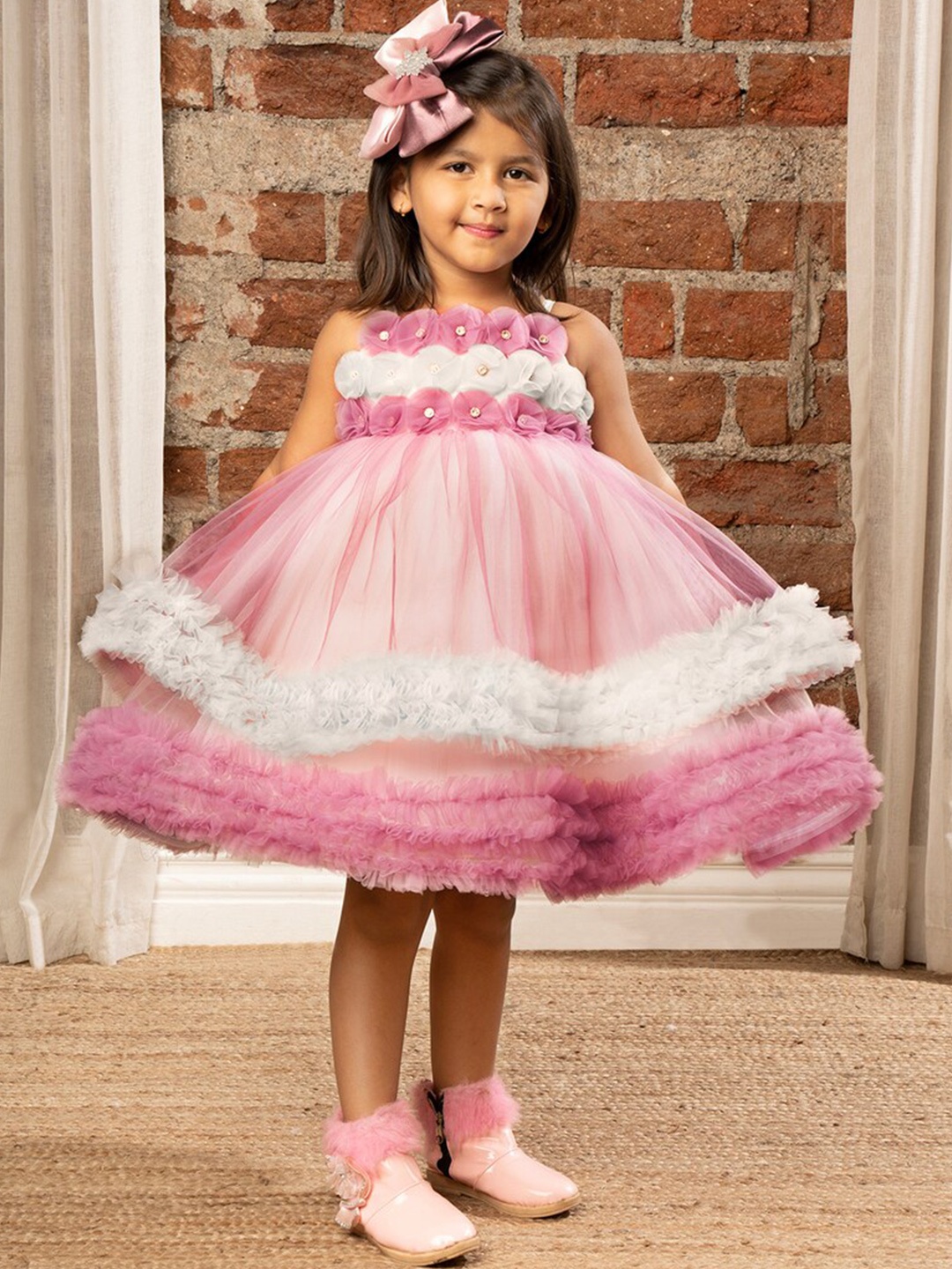 

Ministitch Girls Floral Net Empire Dress, Purple