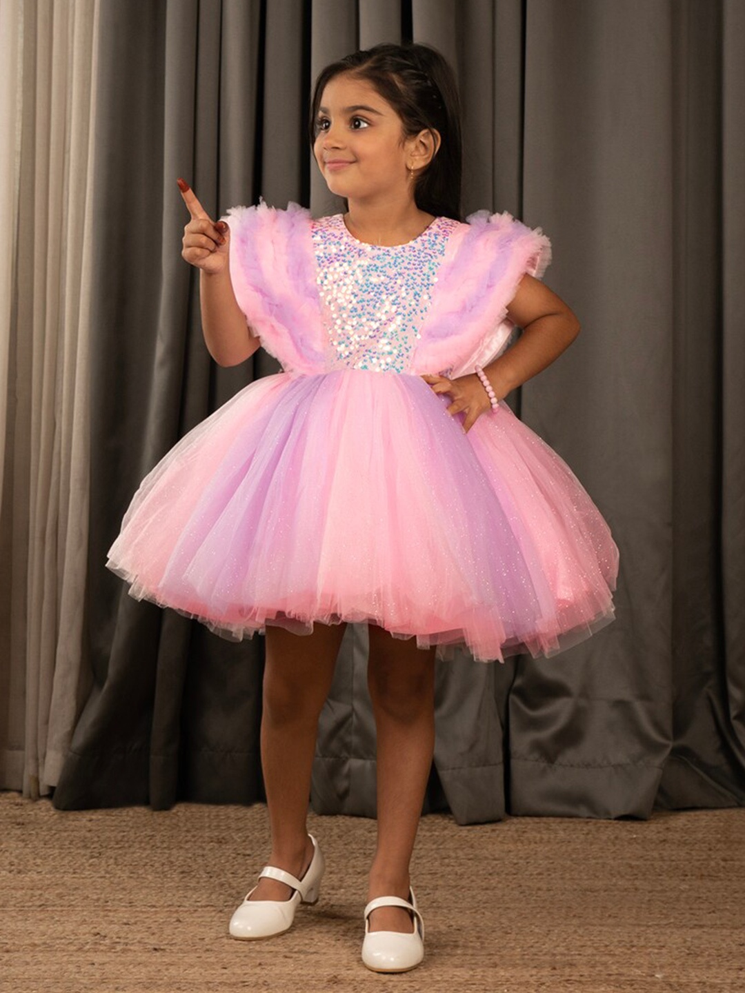 

Ministitch Girls Sequins Embellished Net Tulle Fit & Flare Dress, Pink