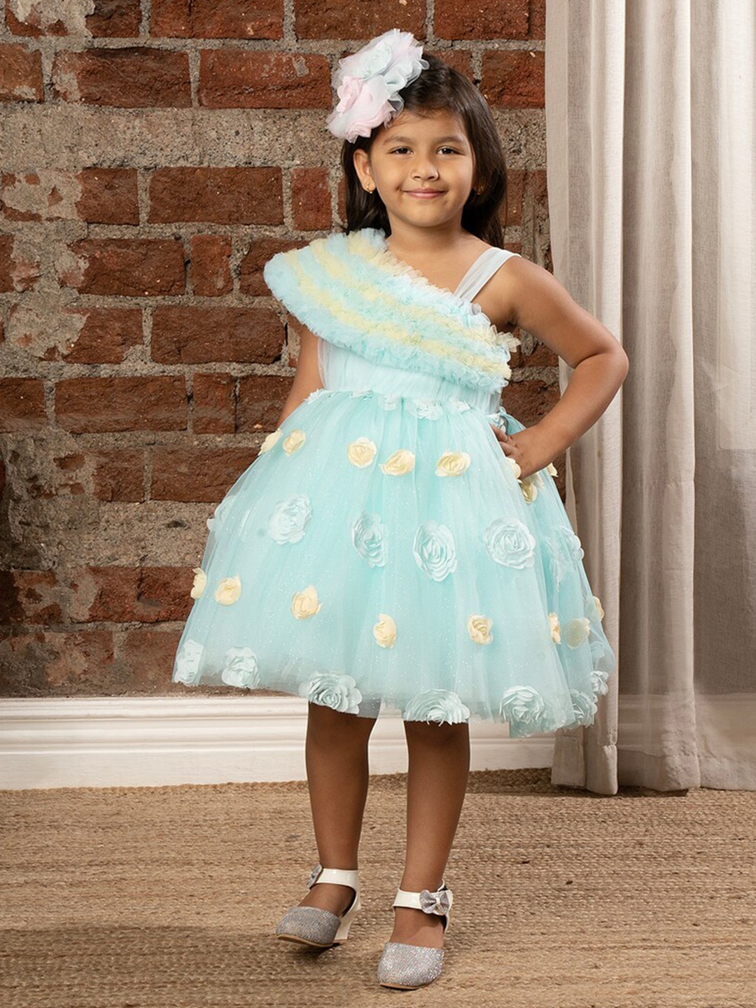 

Ministitch Girls Floral One Shoulder Net Fit & Flare Dress, Blue