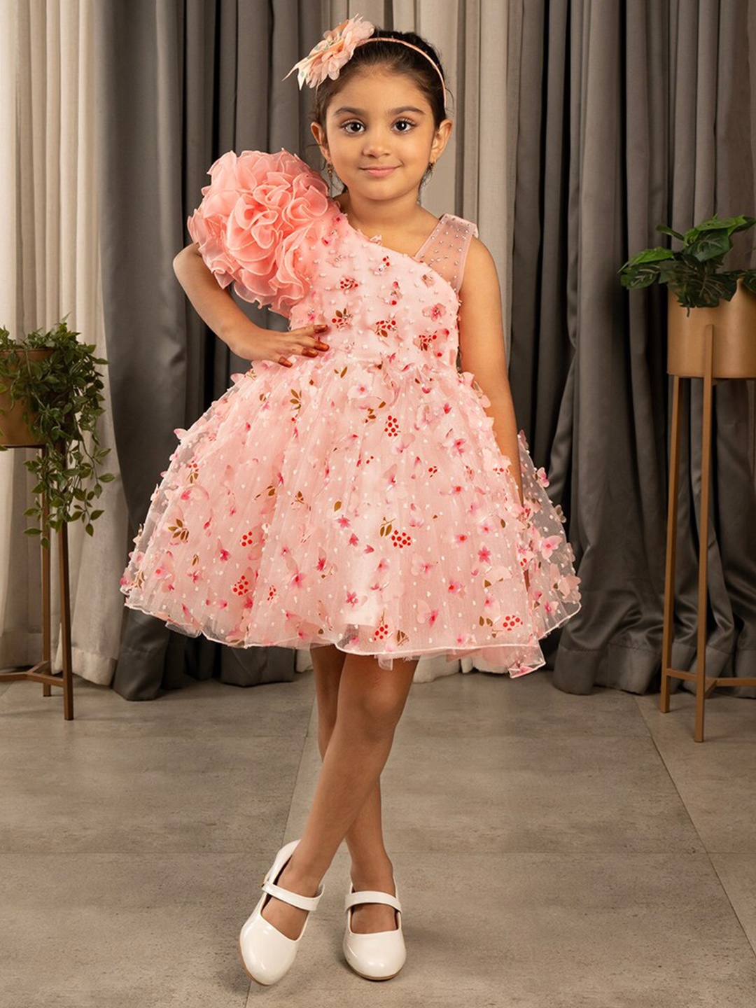 

Ministitch Girls Floral One Shoulder Ruffled Net Fit & Flare Dress, Peach