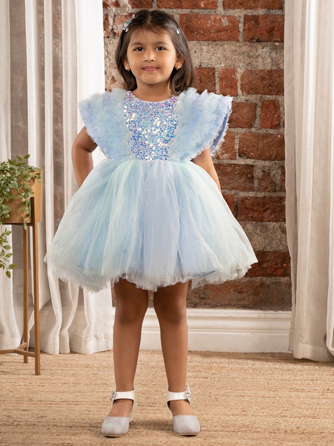

Ministitch Girls Embellished Net Fit & Flare Dress, Blue