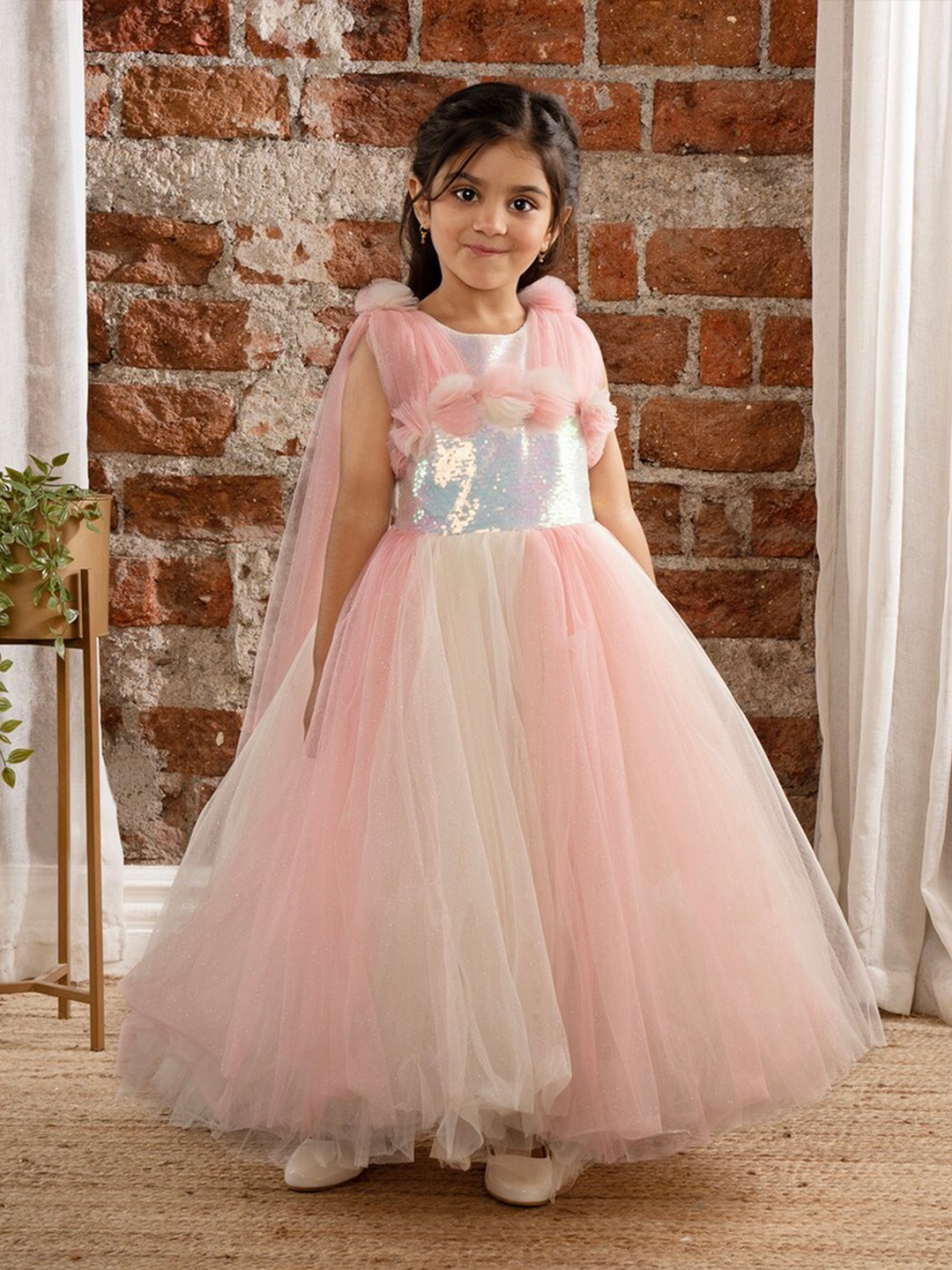 

Ministitch Girls Embellished Sequined Net Maxi Dress, Cream