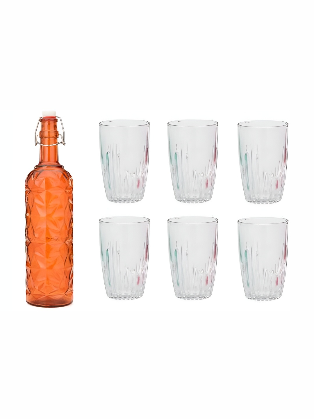 

Afast Orange & Tranaparent 7 Pieces Textured Water Bottle With Glasses Set