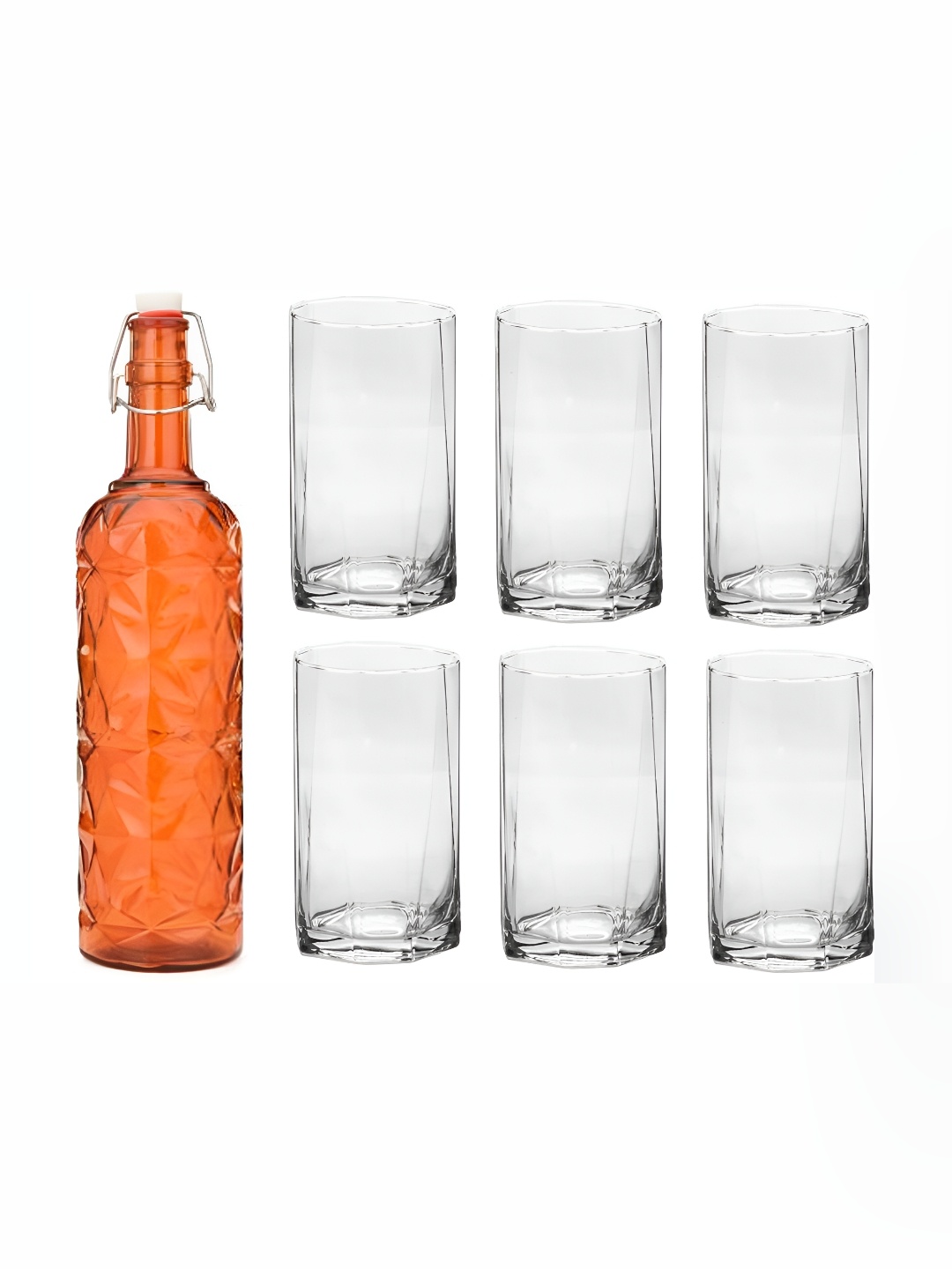 

Afast Orange & Transparent 7 Pieces Textured Glass Water Bottle With Glasses Set