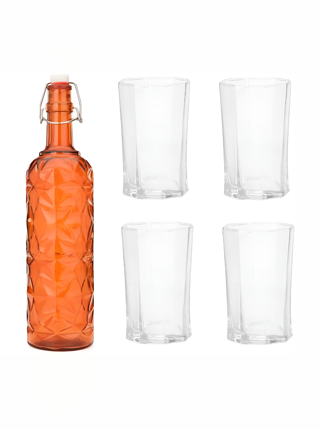 

Afast Orange & Transparent 5 Pieces Glass Water or Juice Glass With Water Bottle Set 1 Ltr
