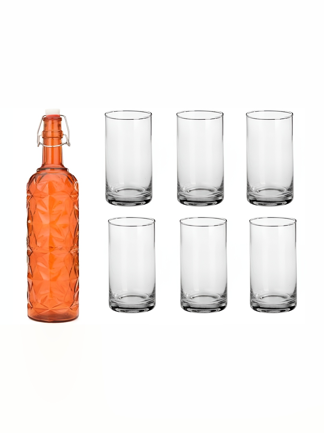 

Afast Orange & Transparent 7 Pieces Glass Water or Juice Glass With Water Bottle Set 1 Ltr