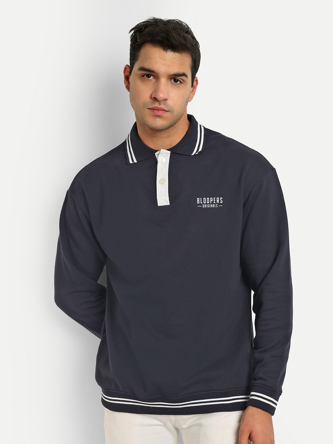 

Bloopers Store Polo Collar Cotton Oversized Sweatshirt, Navy blue