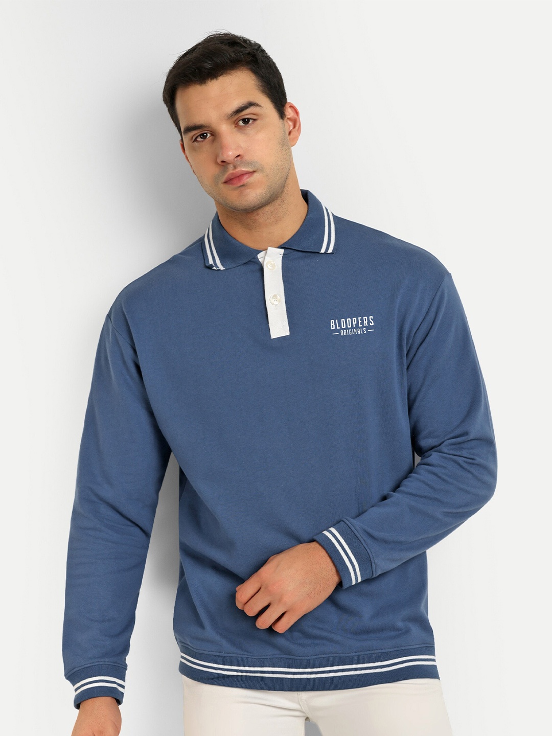 

Bloopers Store Polo Collar Cotton Oversized Sweatshirt, Blue