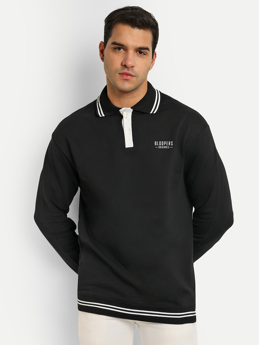 

Bloopers Store Polo Collar Cotton Oversized Sweatshirt, Black