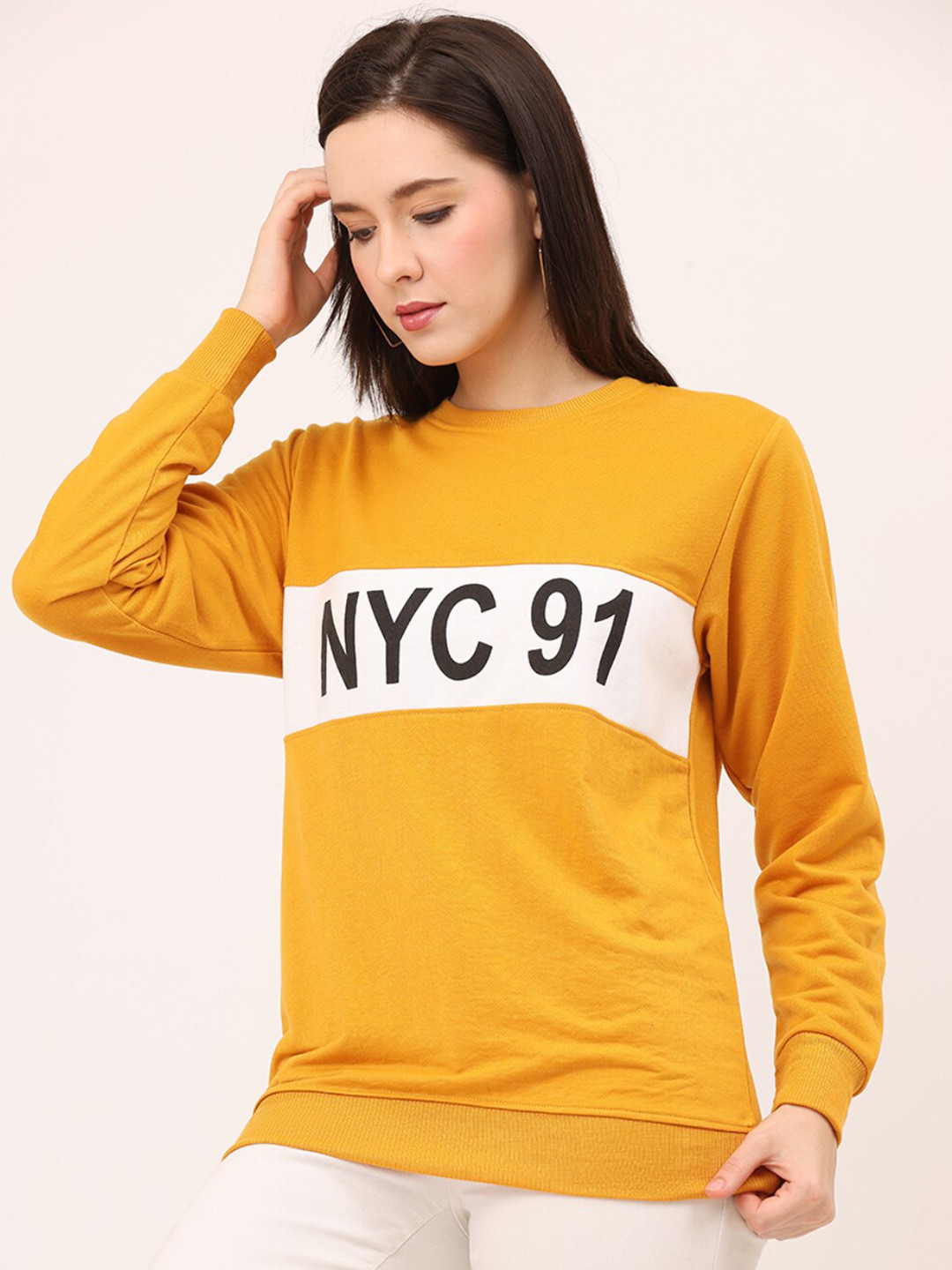

Leotude Typography Printed Oversized Long Drop Shoulder Sleeves Fleece Pullover Sweatshirt, Yellow