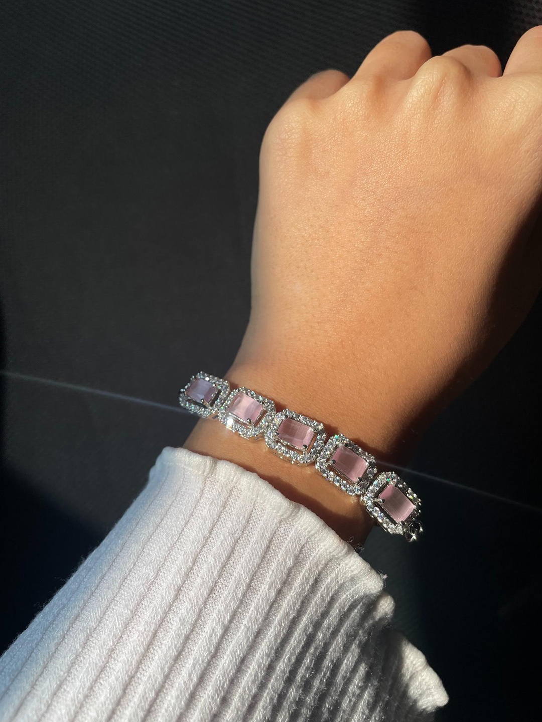 

ISHKAARA Rhodium-Plated Cubic Zirconia Studded Wraparound Bracelet, Pink
