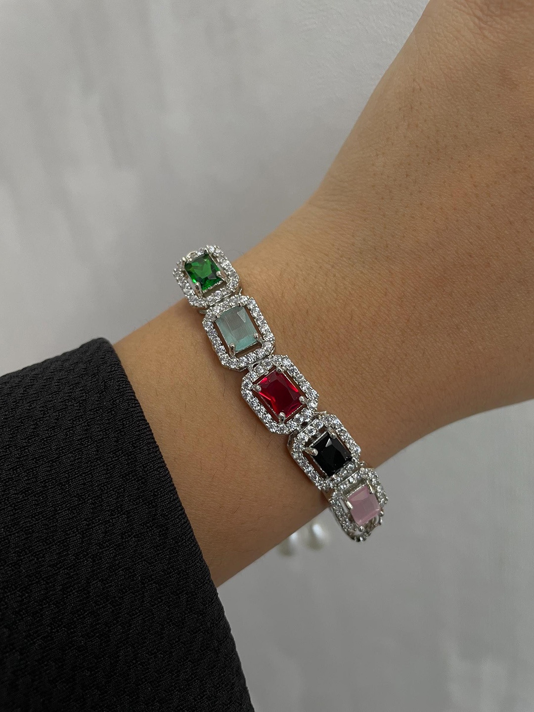 

ISHKAARA Rhodium-Plated American Diamond Crystal-Studded Bracelet, Silver