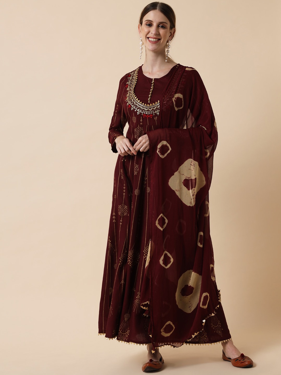 

Meeranshi Ethnic Motifs Printed Maxi Length A-Line Ethnic Dress With Dupatta, Brown