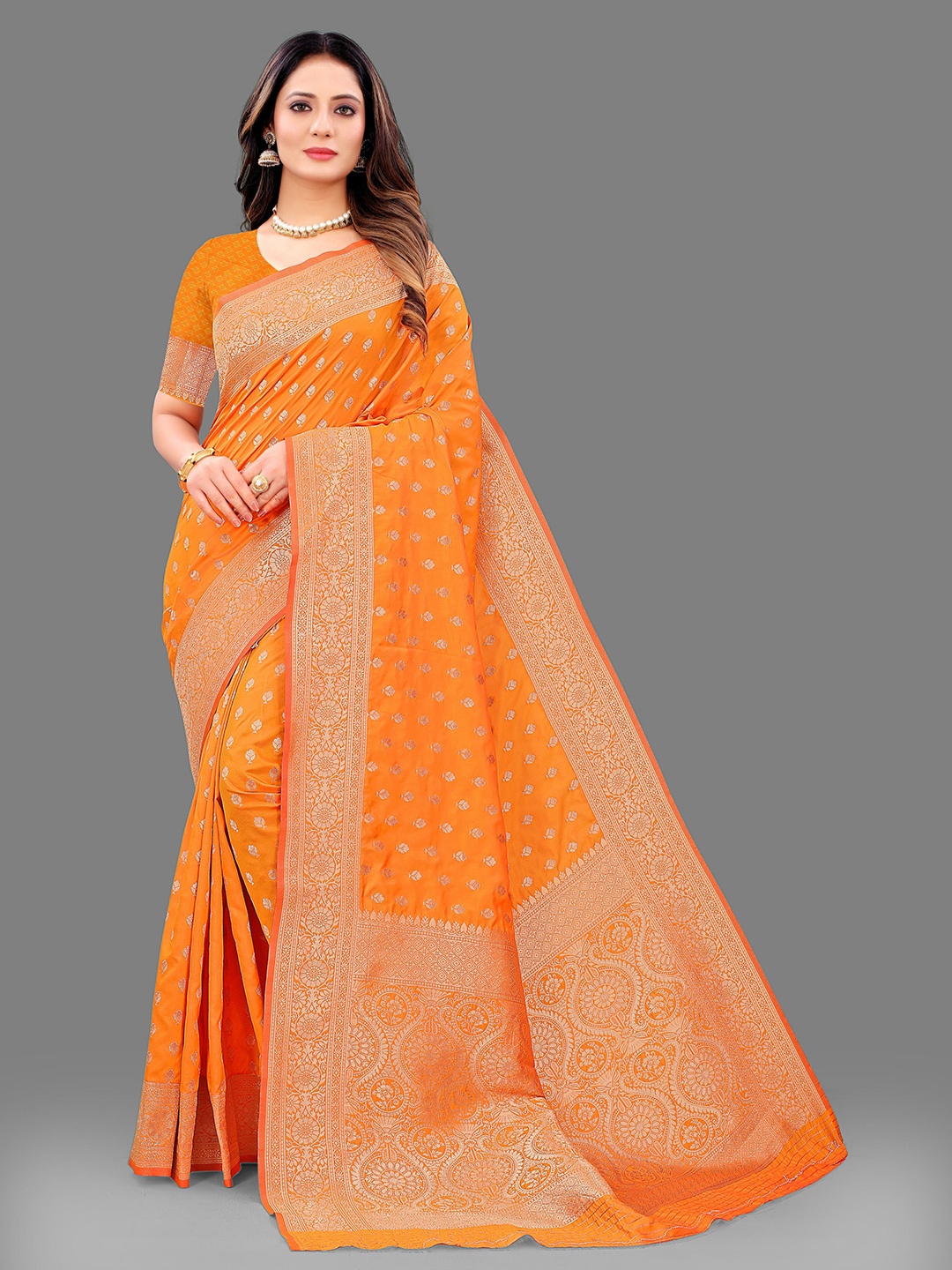 

NIWAA Floral Woven Design Zari Border Silk Kanjeevaram Saree, Orange