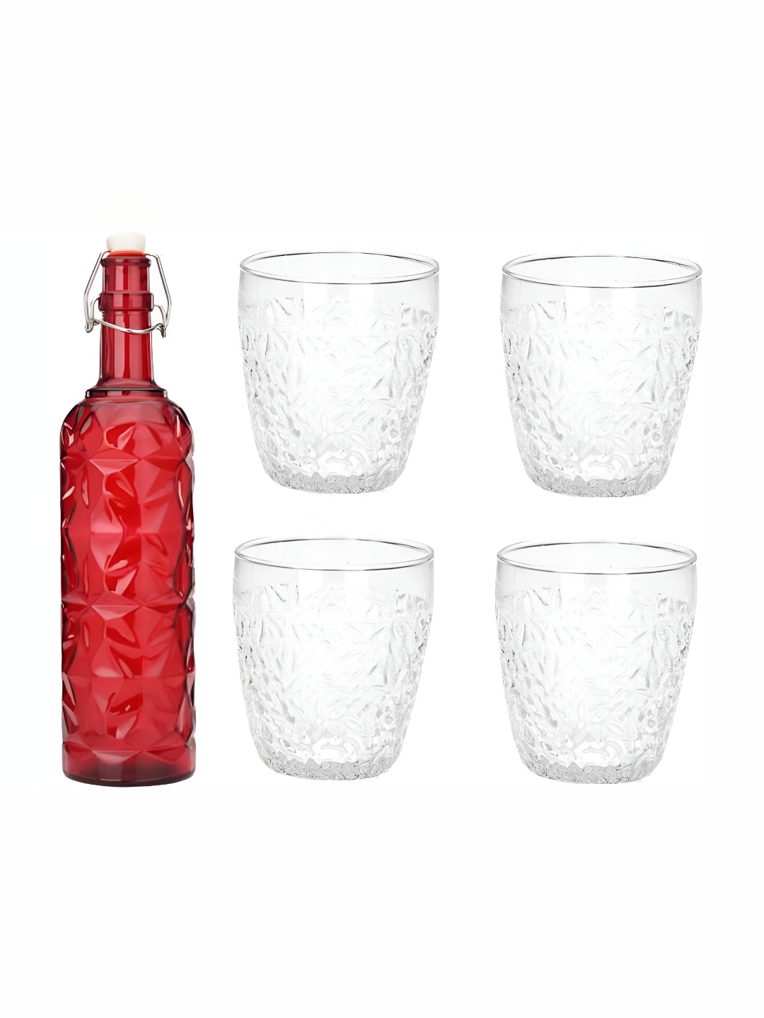 

Afast Red & Transparent 5 Pieces Textured Glasses With Water Bottle