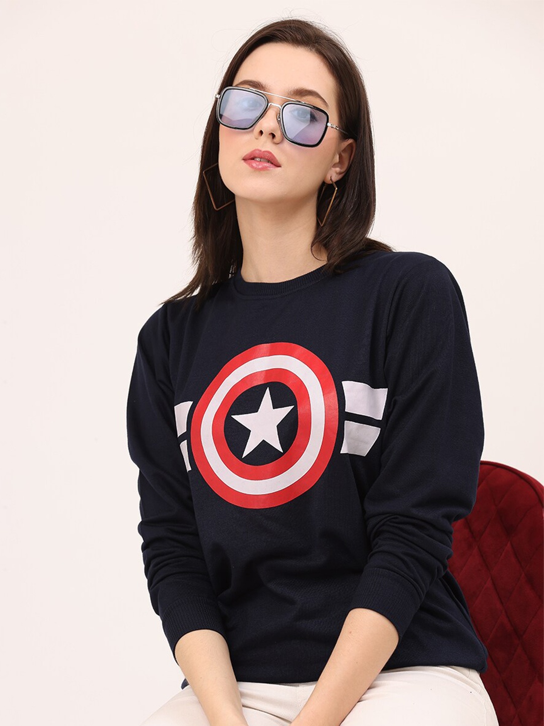 

Leotude Captain America Printed Drop Shoulder Oversized Fleece Pullover, Navy blue