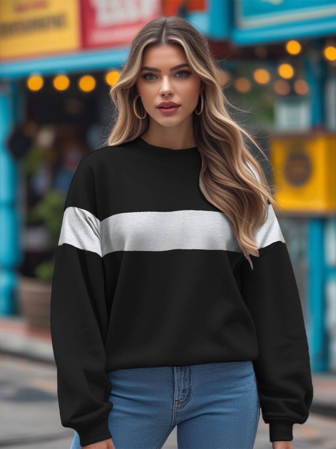 

Leotude Striped Drop Shoulder Oversized Fleece Pullover, Black