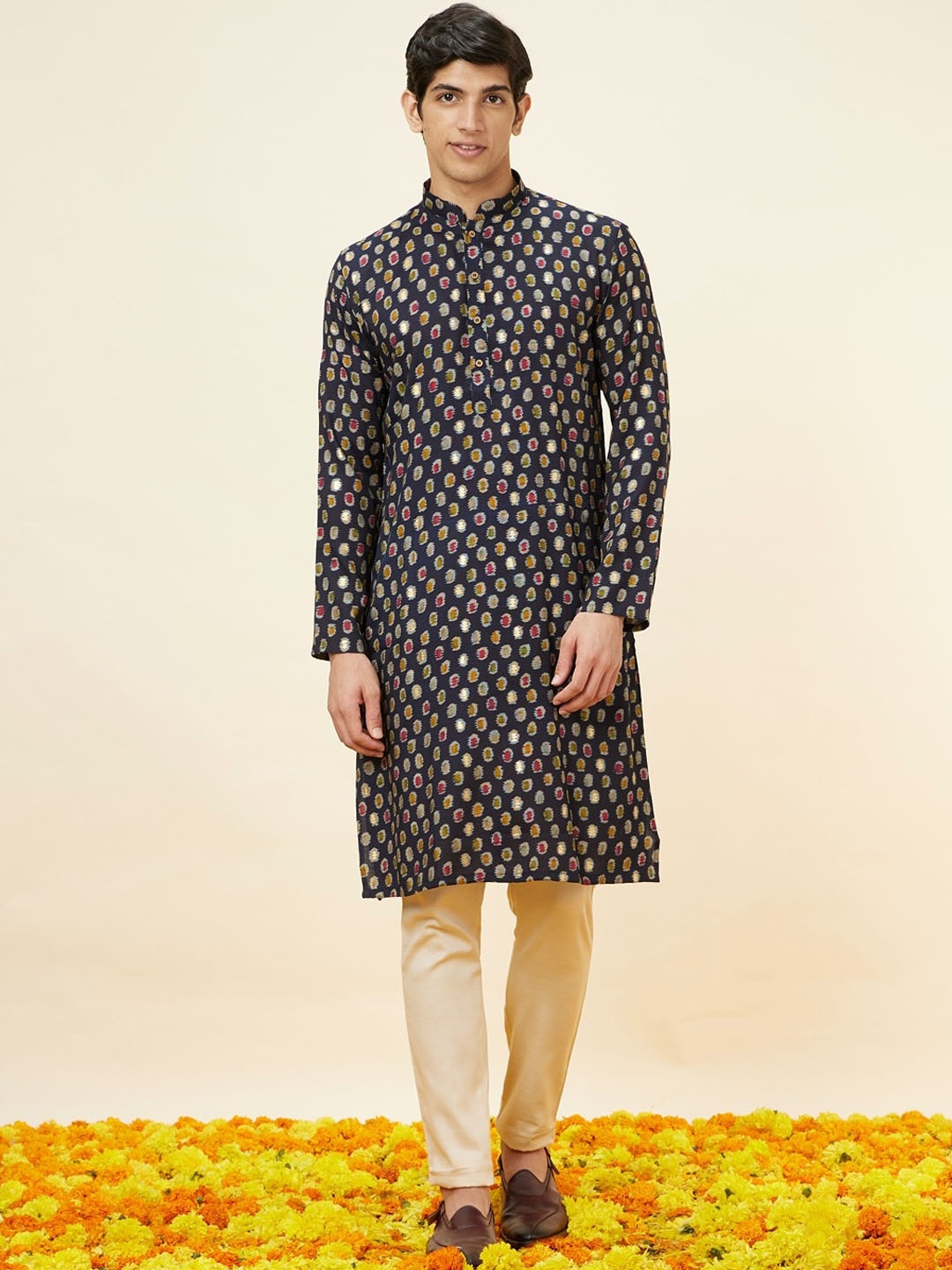 

Manyavar Blended Viscose Mandarin Collar Printed Straight Kurtas, Blue