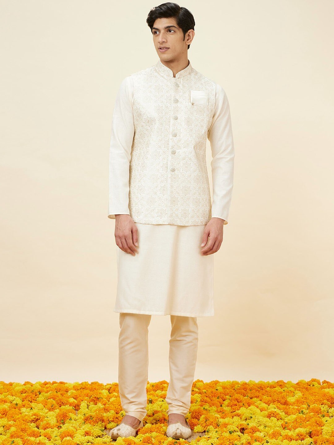 

Manyavar Floral Woven Design Mandarin Collar Nehru Jacket, Off white