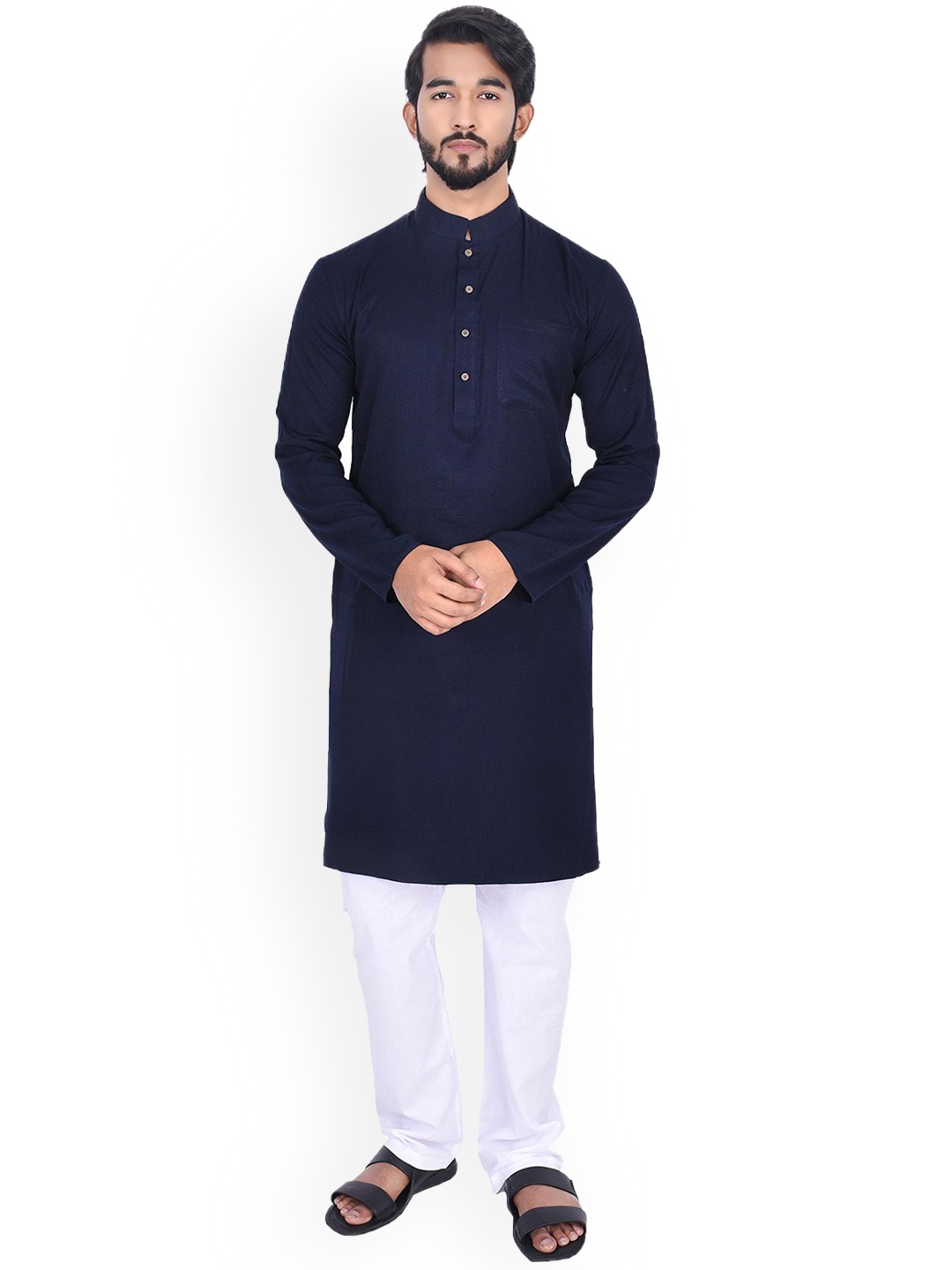 

Manyavar Viscose Blended Mandarin Collar Printed Straight Kurtas, Blue