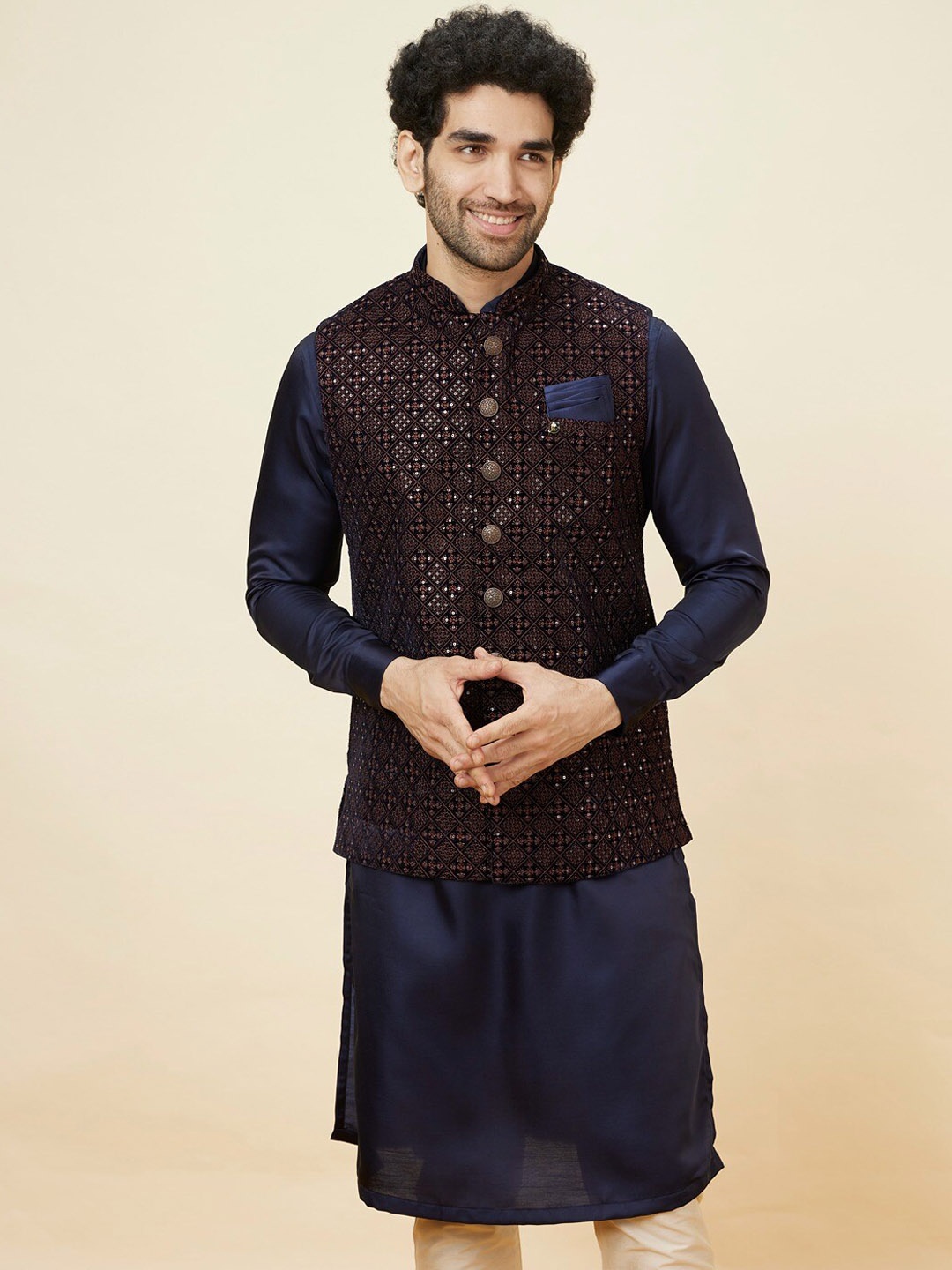 

Manyavar Embroidered Mandarin Collar Nehru Jacket, Navy blue