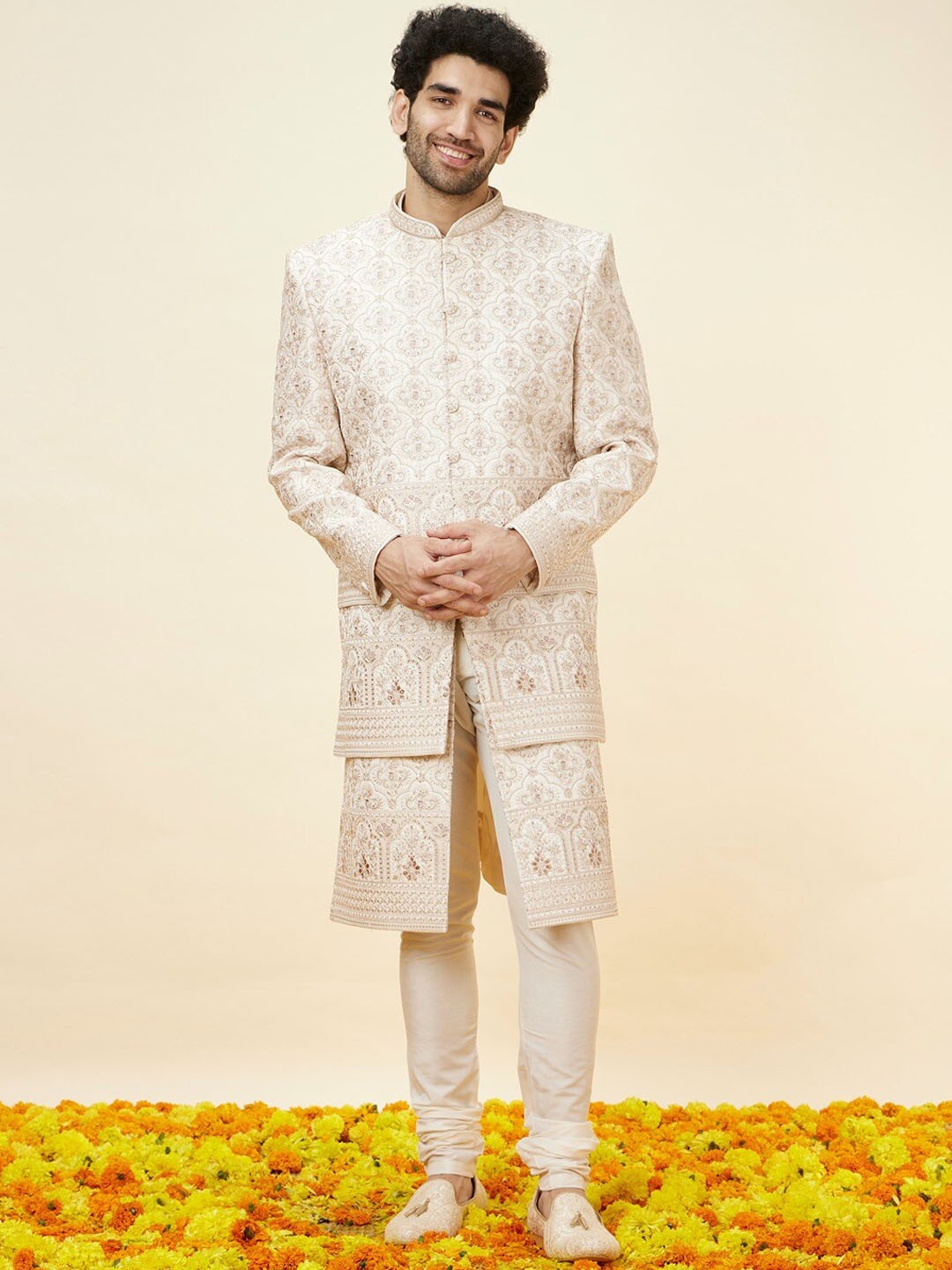 

Manyavar Floral Embroidered Sherwani Set, Off white