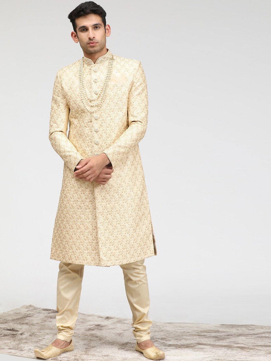 

Manyavar Floral Embroidered Sherwani Set, Cream