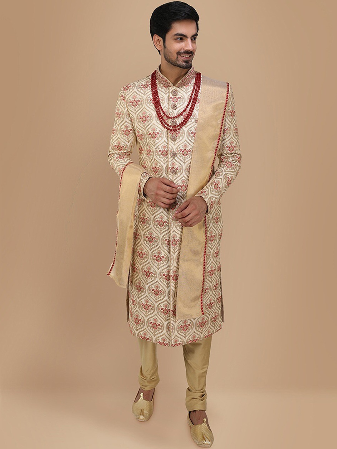 

Manyavar Floral Embroidered Sherwani Set, Beige