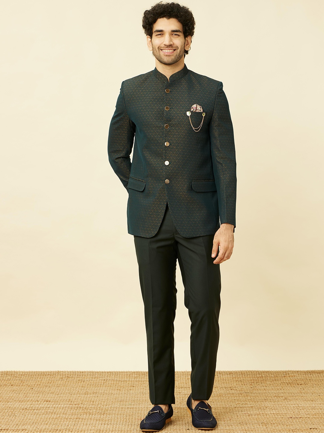

Manyavar Self Design Mandarin Collar Brocade Three Piece Bandhgala Suit, Green