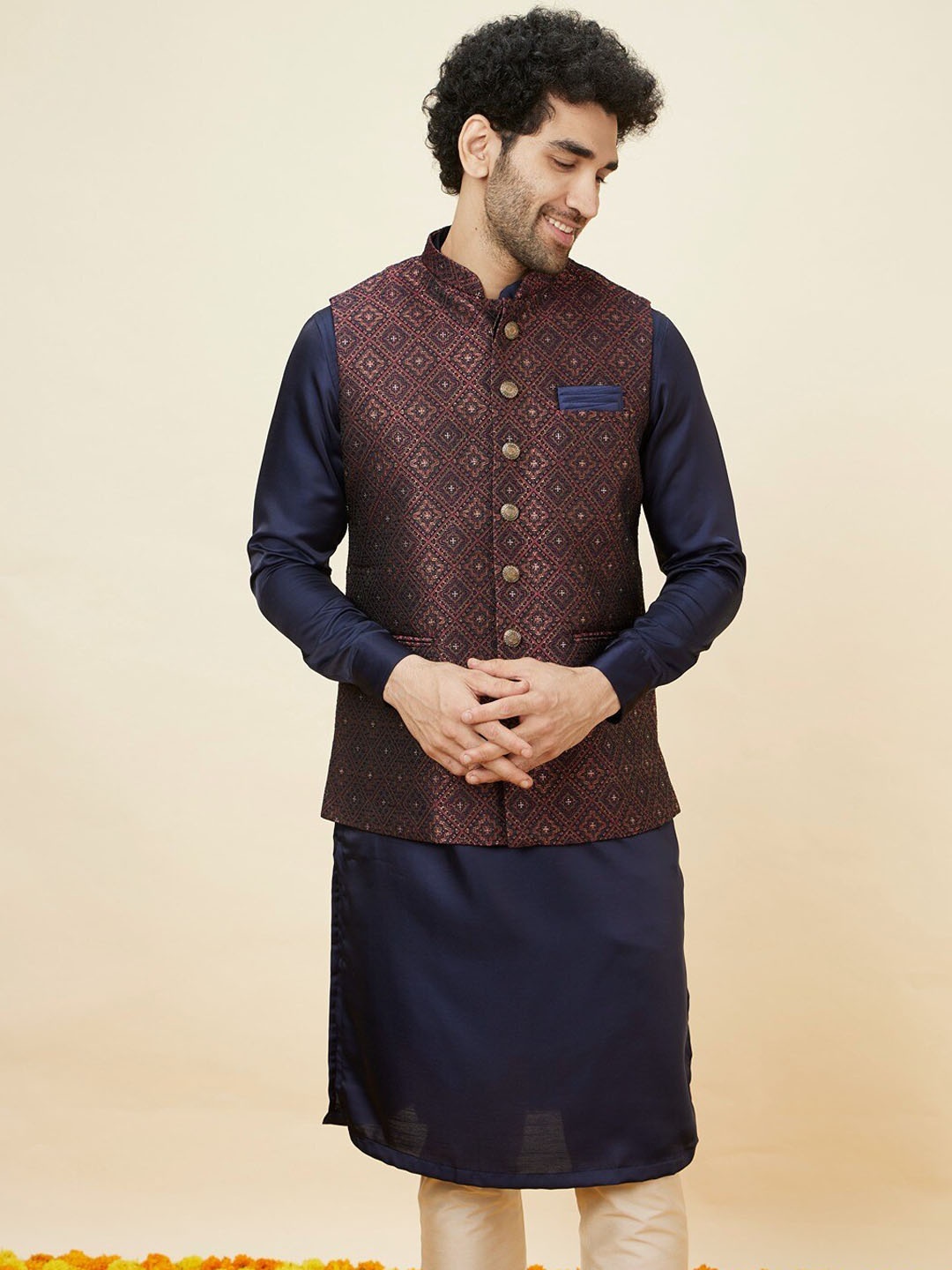 

Manyavar Woven Design Mandarin Collar Nehru Jacket, Maroon