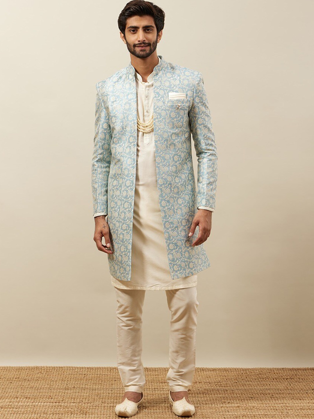 

Manyavar Self Design Mandarin Collar Raw Silk Sherwani Set, Blue